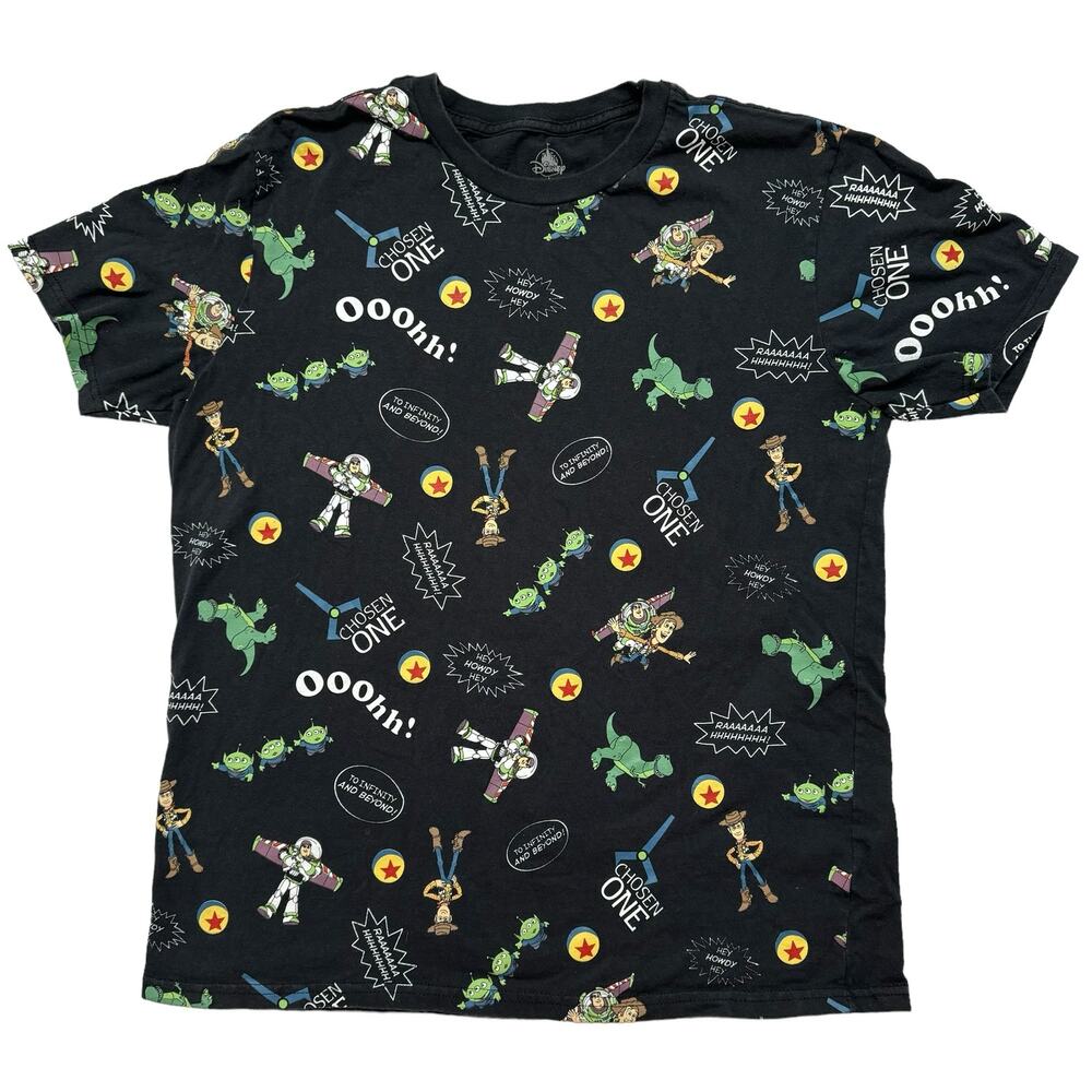 DISNEY Black Toy Story All Over Print Adult T-Shirt Size Large Cotton Woody Buzz